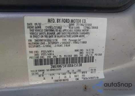 2008 Mercury Grand Marquis Ls z USA, uszkodzony, nr VIN 2MEHM75V18X615138